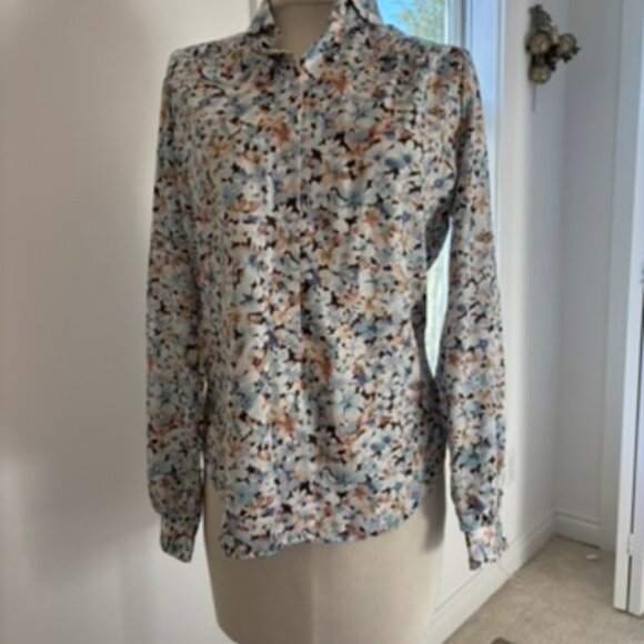 Vintage blue brown Floral Silky Blouse by Langtry - Picture 11 of 14